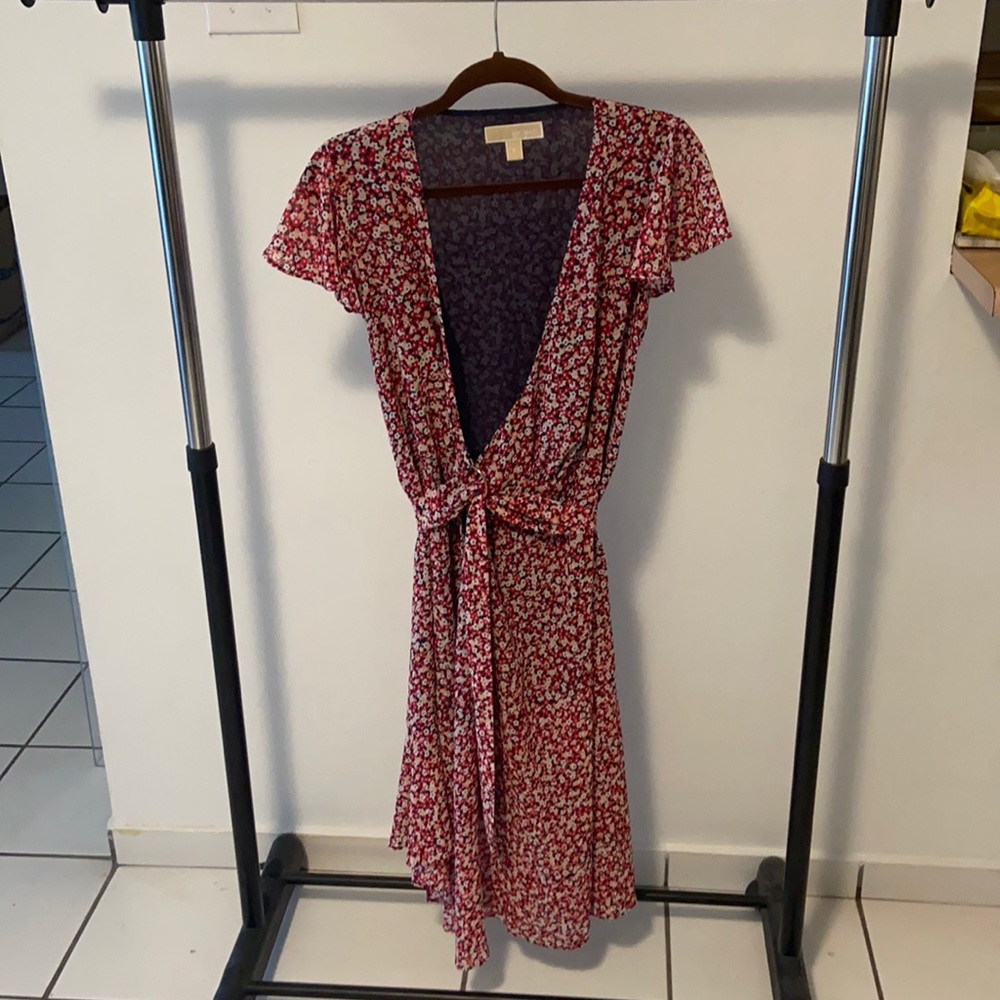 Michael Kors, small, flower print pink wrap-around midi dress.
